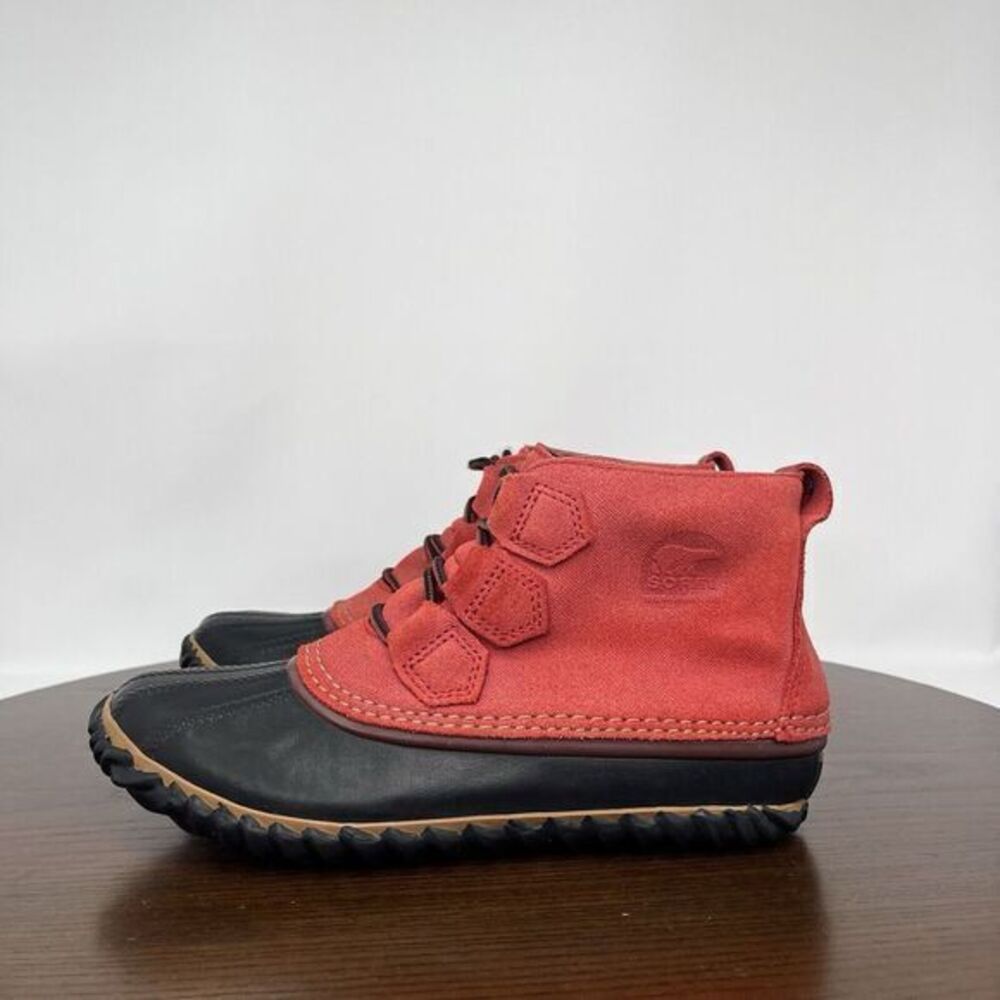 Sorel Out N About Plus Boot Womens Size 7 Red Black Leather Waterproof Duck Rain